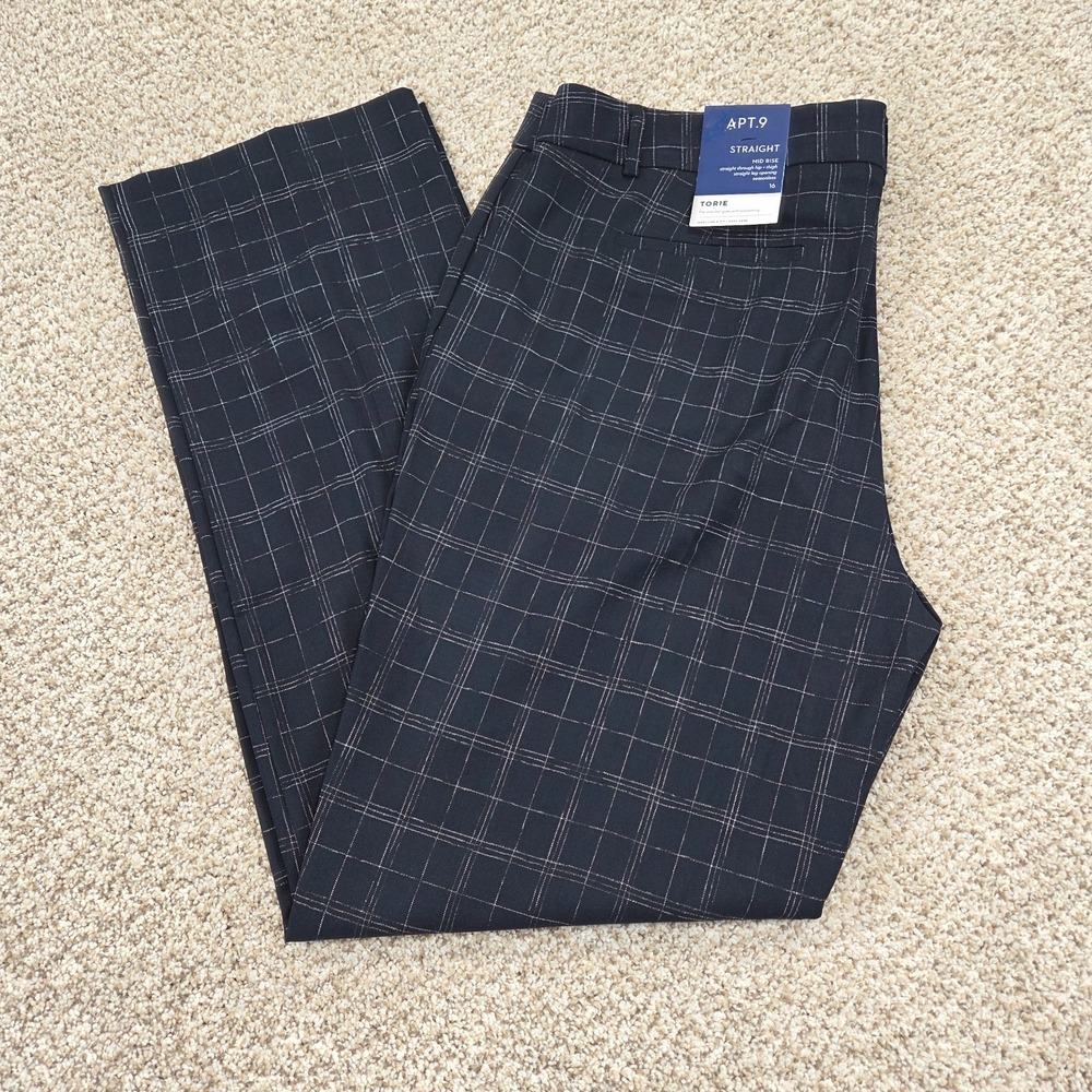 NWT Apt. 9 Torie Navy Plaid Straight Legâ Dress Pants - Size 16 - MSRP $48